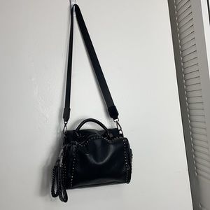 Black studded satchel crossbody leather handbag
